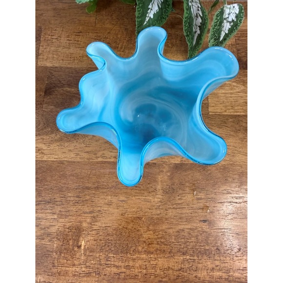 Vintage Blue White Art Glass Ruffled Vase Hand-Blown Pedestal Form Retro Decor - Picture 4 of 11